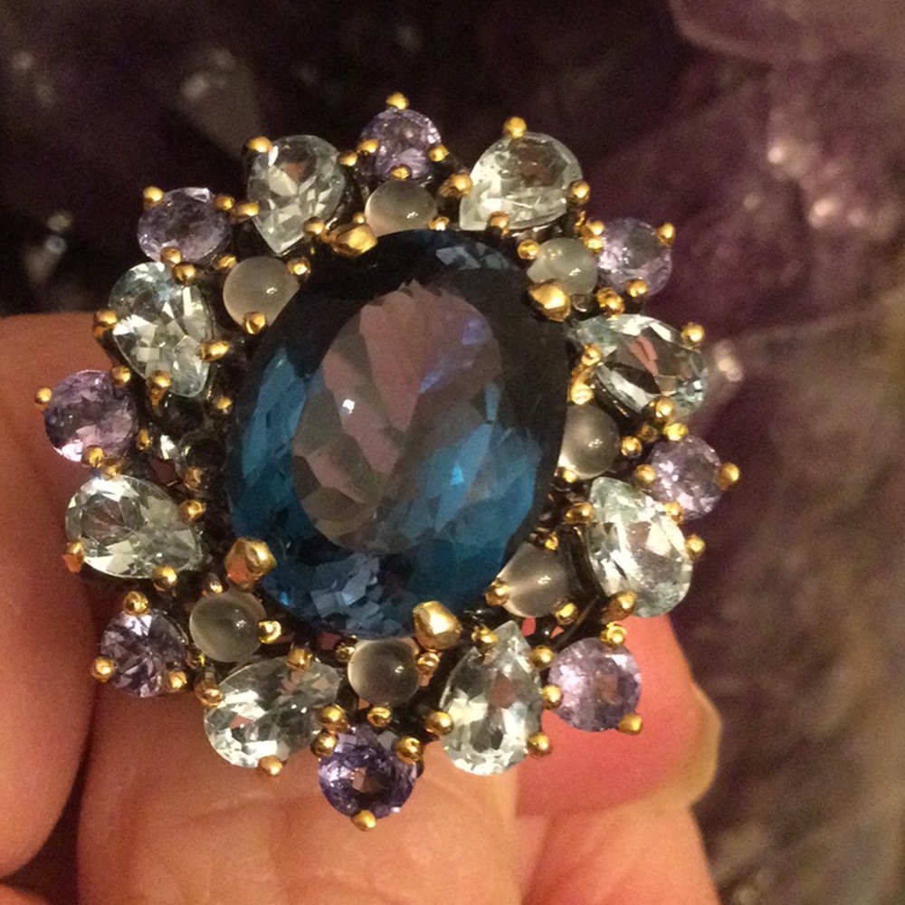 ⭐️ONE OF A KIND ⭐️Genuine London Blue Topaz with Tanzanite & Moonstone Ring - Picture 13 of 15